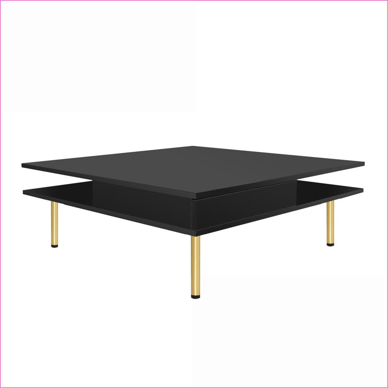 Table basse moderne noire avec pieds dorés, 2 tiroirs et finition facile à nettoyer pour le salon