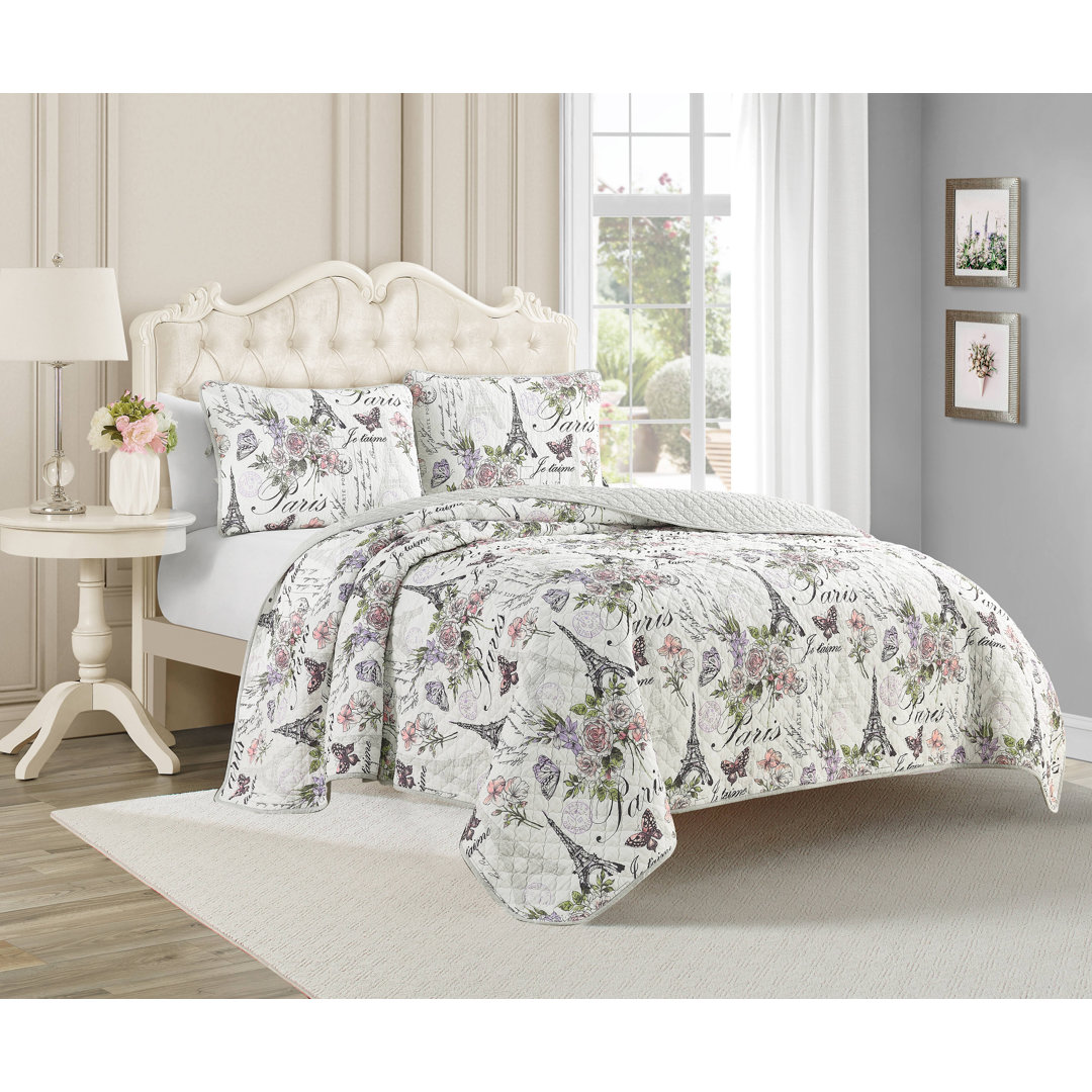 CEDAR COURT Paris Floral Pink All-Season Reversible Cotton Quilt Set Cedar Court 