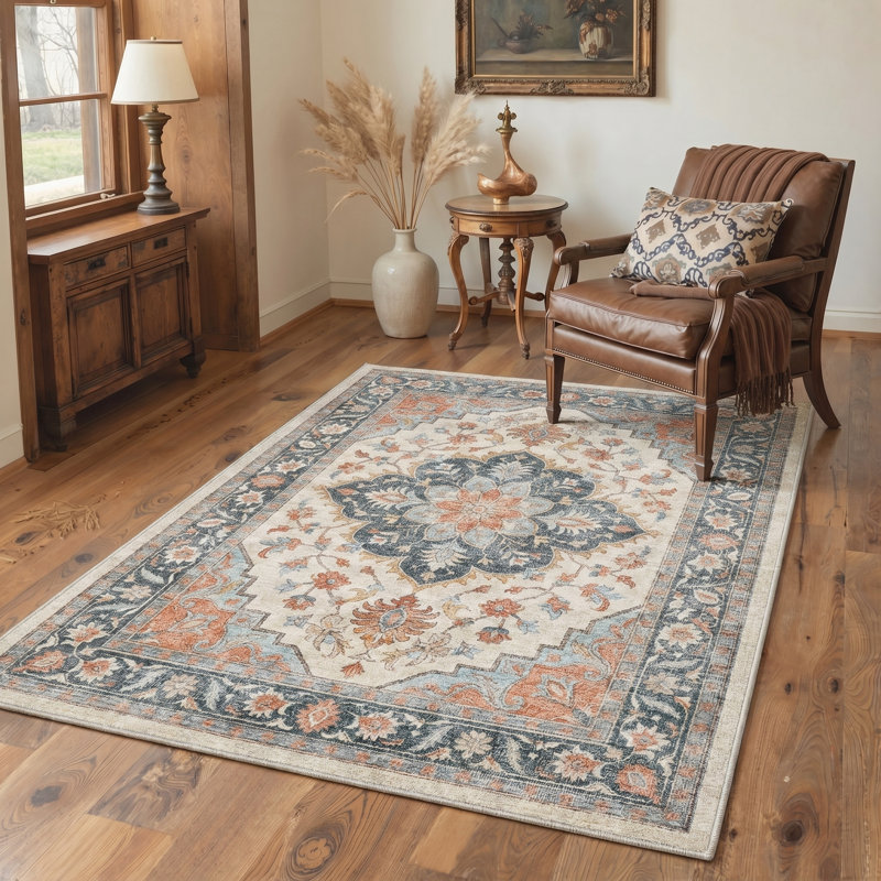 Lumiere Floral Machine Washable Red / Blue / Beige Indoor Area Rug with Non-Slip Backing, Rectangle 9' x 12'