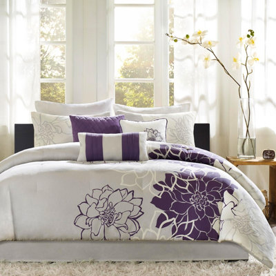 Printed Cotton Bedding King - Taupe Grey/Purple 2 Shams 1 Bed Skirt 3 Stunning Decorative Pillows Comforter Sophisticated