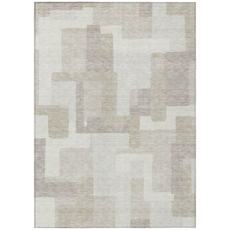 3' X 5' Beige Tan And Taupe Abstract Washable Indoor Outdoor Area Rug