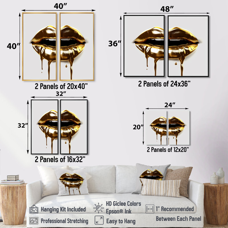 Lèvres dorées de luxe VI - art mural sur toile doré 2 pièces, Impression encadrée flottante, 32'' H x 32'' W, Cream