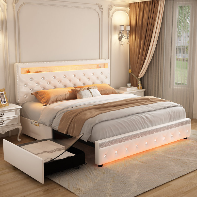 Kendrall Upholstered LED Bed Frame with Storage Drawers & Adjustable Headboard, White, King