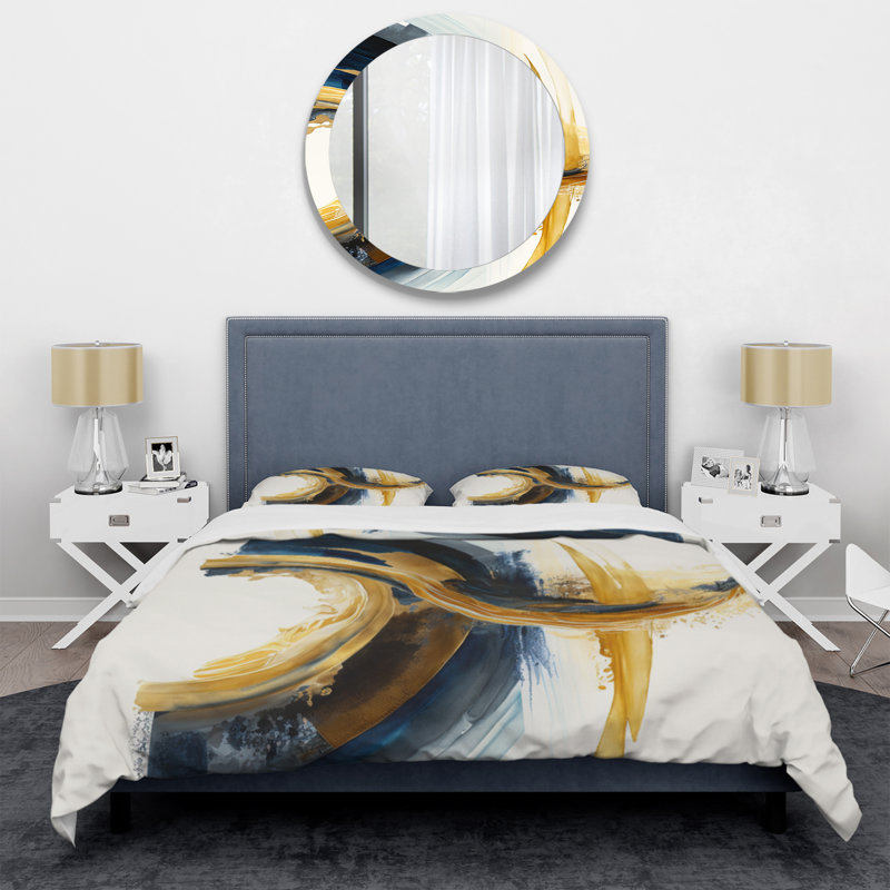 Bleu et or tourbillon abstrait III - ensemble de housse de couette spirale moderne - polyester microfibre