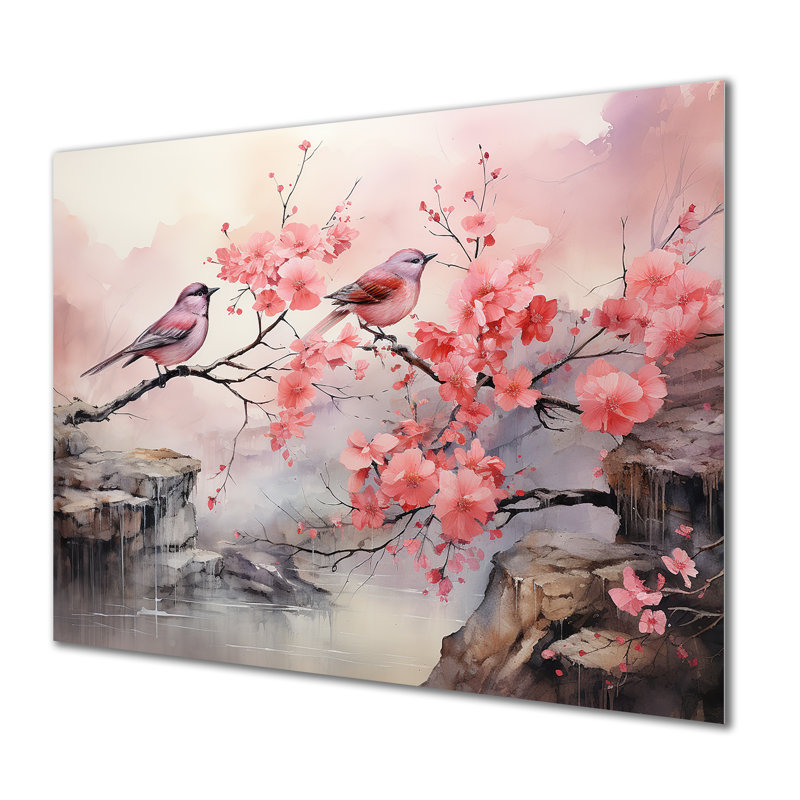 Sakura, oiseaux roses sur un arbre en fleurs roses - oiseau, art mural en métal, H 24 po x l 32 po x P 1 po