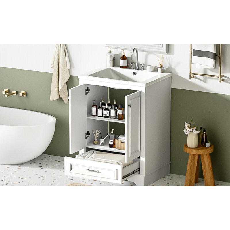 Meuble-lavabo de 24 po avec lavabo en céramique, options de rangement polyvalentes, portes à fermeture douce, lavabo à esthétique moderne, style contemporain, céramique, intérieur organisé