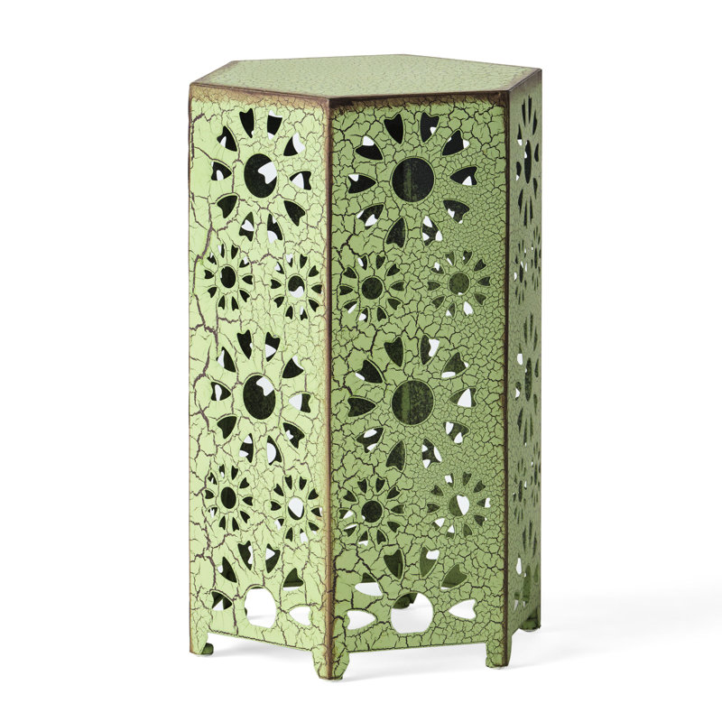 Stylish Crackle Iron Table For Patio Use - 13.84"D X 13.84"W 21.9"H, Cut Out Feature Side, Green