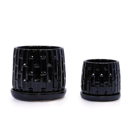 Handmade Ceramic Flower Pot with Groove Pattern, 6 & 8 Inch Diameter, Black Color for Orchids, Indoor/Outdoor Use on Windowsill & Bookshelf, Breathable Clay with Saucer