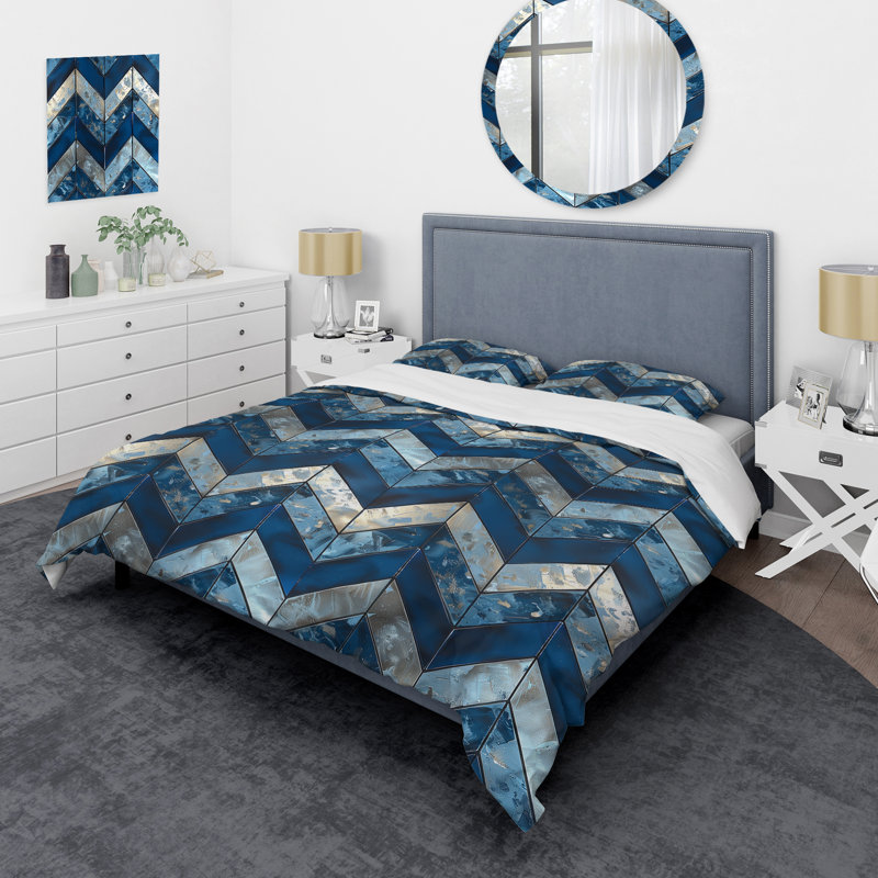 Ensemble de housse de couette moderne à motif de chevrons bleu argenté Dreams IV