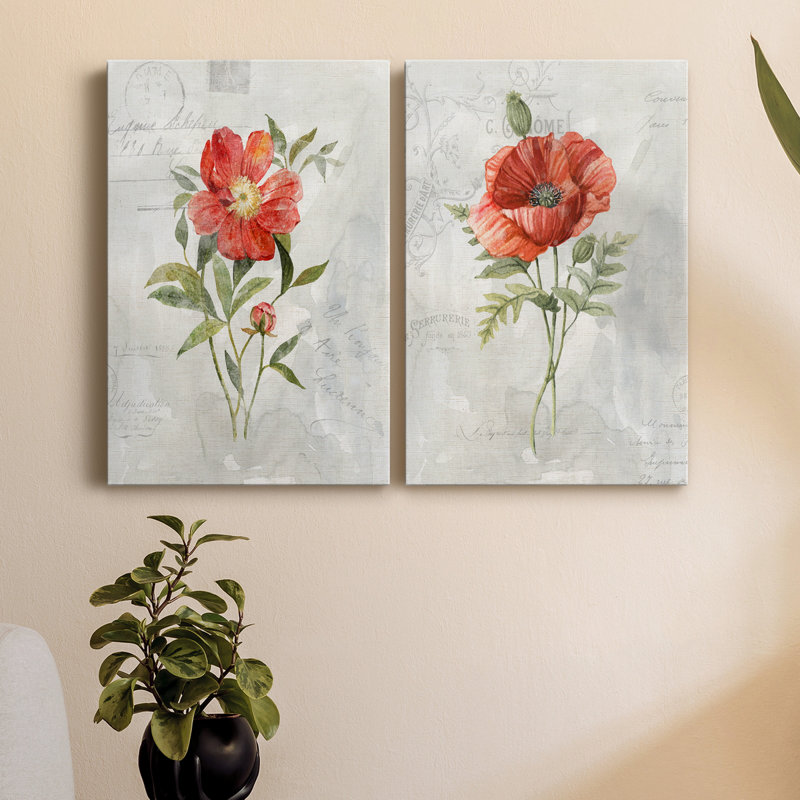 Lin pivoine - ensemble de 2 peintures sur toile, H 48 po x l 64 po x P 1 po, Toile tendue
