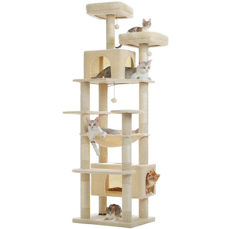 Arbre à chat 80,7H et poteaux à griffer inclus, avec plateforme et panier, Beige