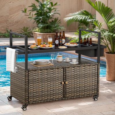 Versatile Outdoor Wicker Mobile Food Cart with Tempered Glass Top and Storage Cabinet by Belord