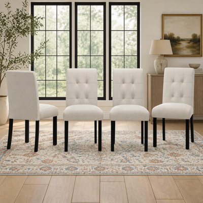 Chaises de salle à manger capitonnées 4 pièces modernes, chaises d'appoint rembourrées en lin avec pieds en bois d'hévéa incurvés, chaises d'appoint ergonomiques et confortables pour la salle à manger, la cuisine, le salon et la chambre à coucher