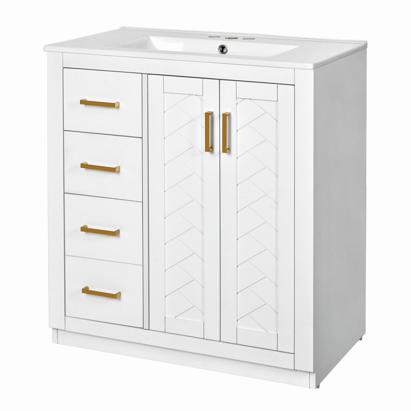 Meuble-lavabo simple 30 po avec comptoir en céramique, Blanc, Doré