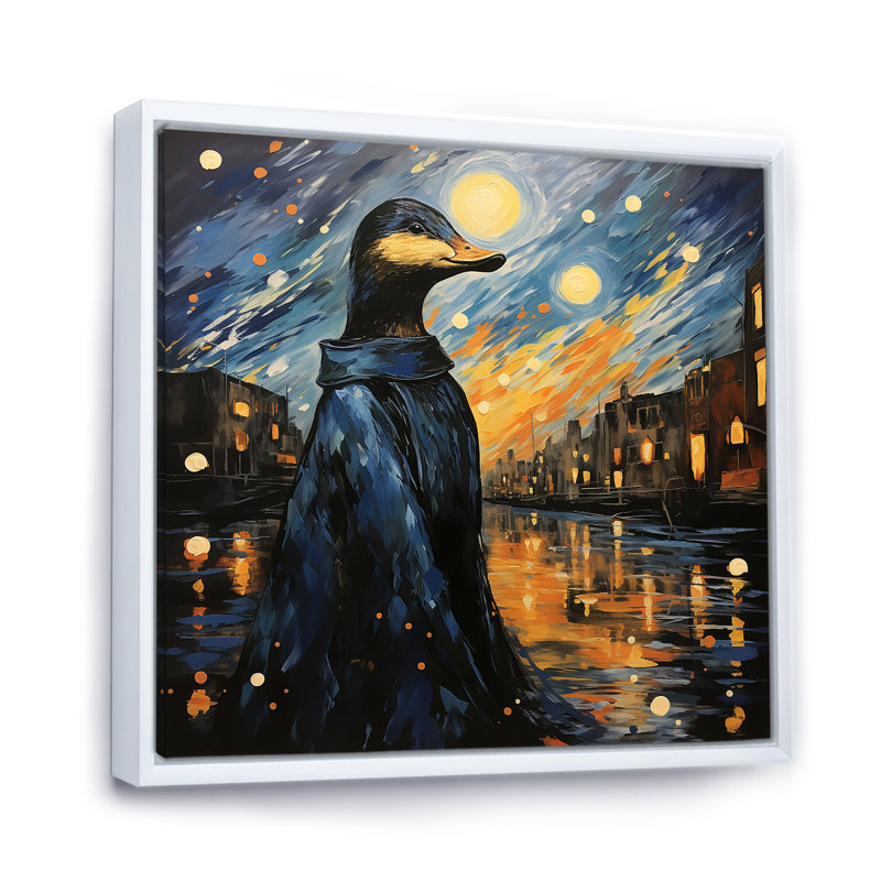 «Blue Duck At The Pond II», art mural canard, Cadre flottant blanc, H 36 po x l 36 po x P 1,5 po