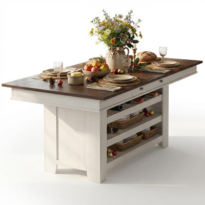 Counter Height Dining Table for 4-6, Wood Bar Height Tall Kitchen Table with Deepened Wine Rack & 2 Drawer & Shelves, Thick Large Table Top for Kitchen, Bar, Heavy Duty