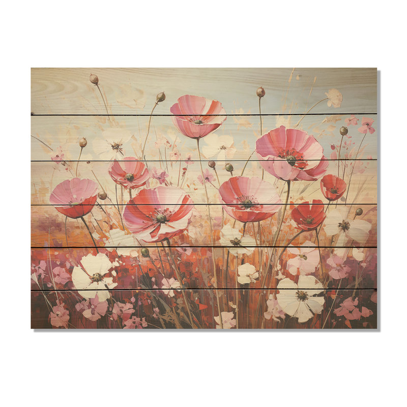 «Pink Crimson Flower S Embrace I», art mural en bois sur bois de pin naturel, H 10 po x l 20 po