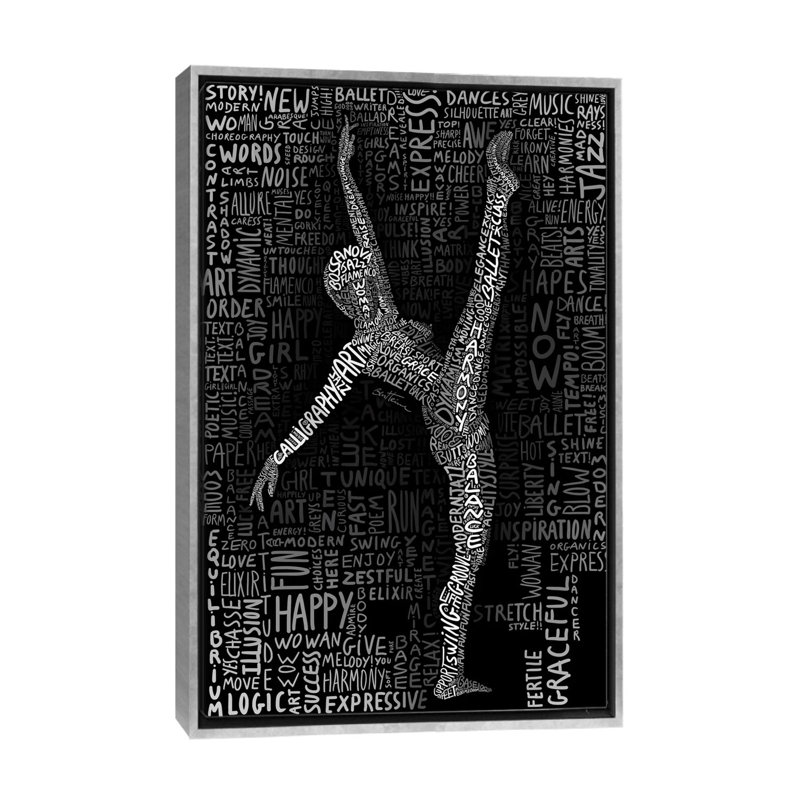 Reproduction d’art textuel « Dancer » par Ben Heine, H 60 po x l 40po x P 1,5 po, Toile avec cadre argenté, Pas de tapis