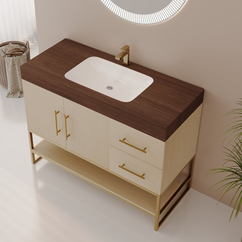 Meuble-lavabo autoportant Modern Modern, Or, bois, Noyer, blanc