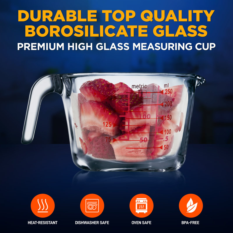 NutriChef 250 ml Clear Borosilicate Glass Measuring Cup with Red Decal Scale