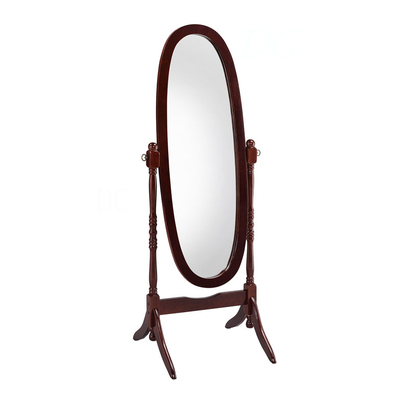 59.25" Tall Standing Wooden Floor Mirror With Cherry Finish, Oval Shape