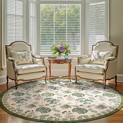 Chinoiserie Floral Rug Vintage Romance Design Washable Non-slip Green/Beige
