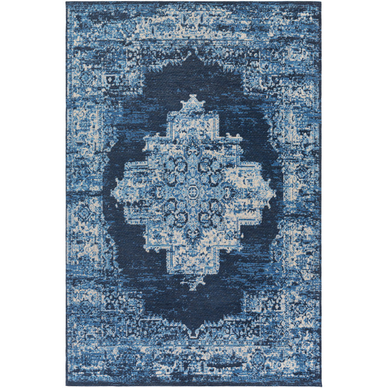 Tapis oriental bleu ciel / bleu marine tissé à plat à la main Oriental, Rectangle 8 pi x 10 pi