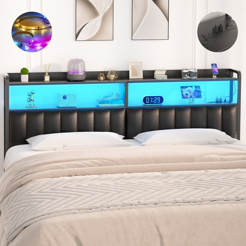 Upholstered Headboard with LED Lights and Charging Station, Full XL