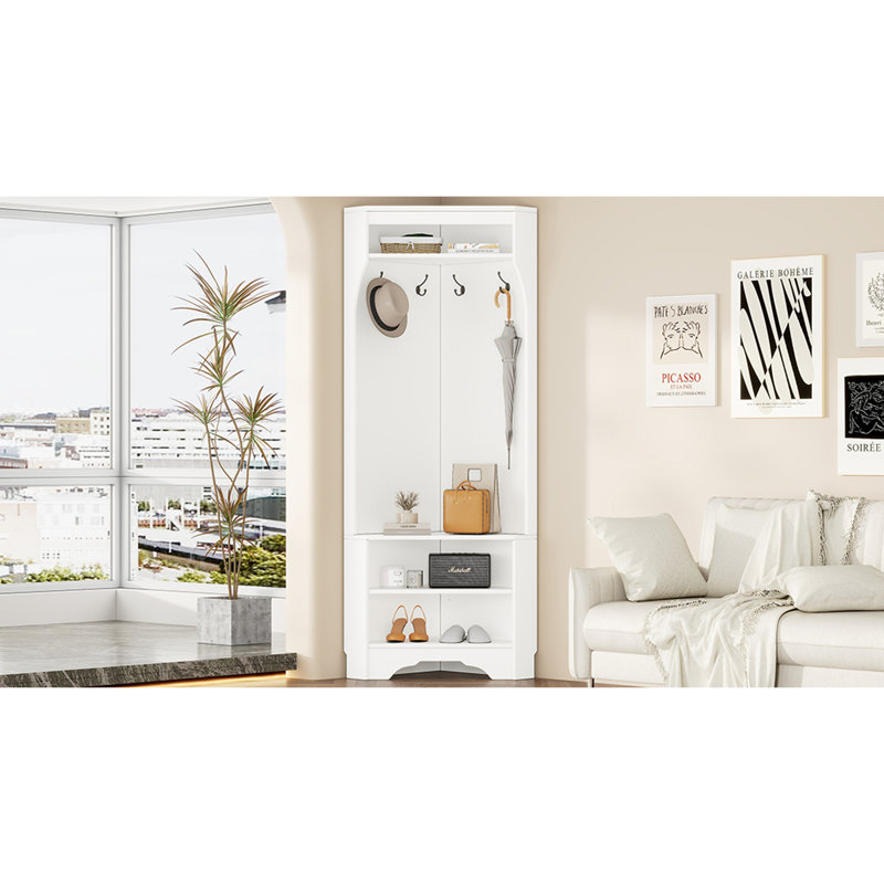 Minimalist Corner Hall Tree with Shoe Bench, Versatile Entryway Coat Rack with 4 Hooks, Corner Cabinet with Adjustable Shelf