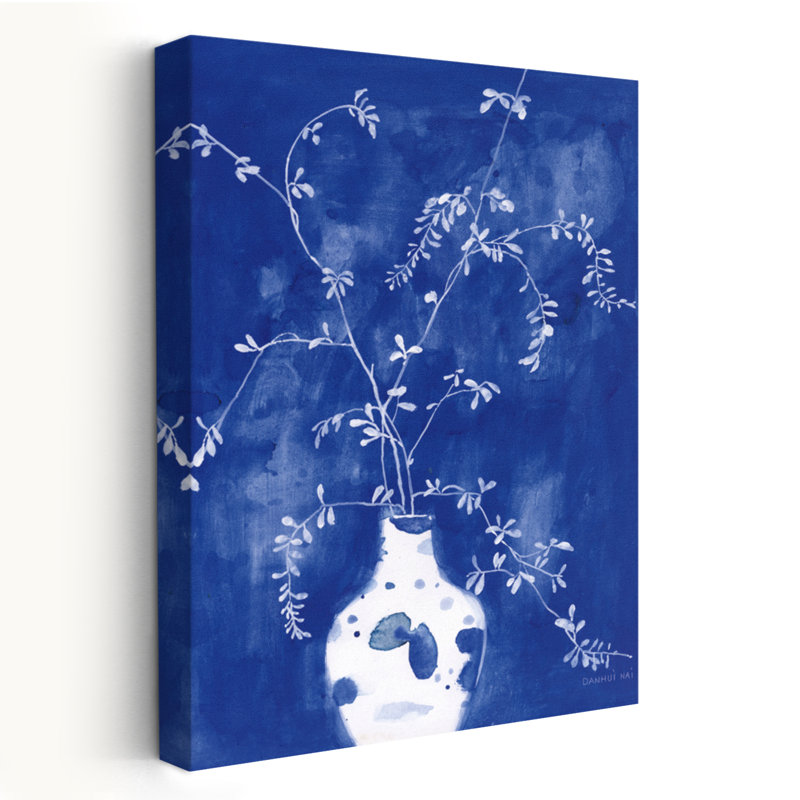 Vase bleu et floral, H 24 po x l 16 po