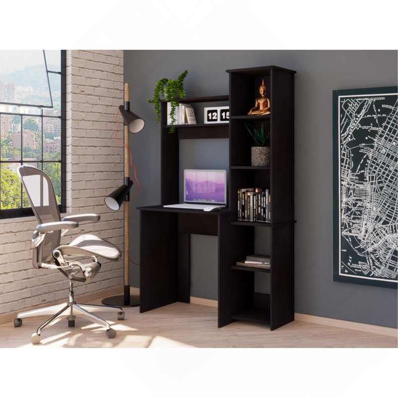 Bureau, cinq tablettes, deux tablettes supérieures, noir, Noir