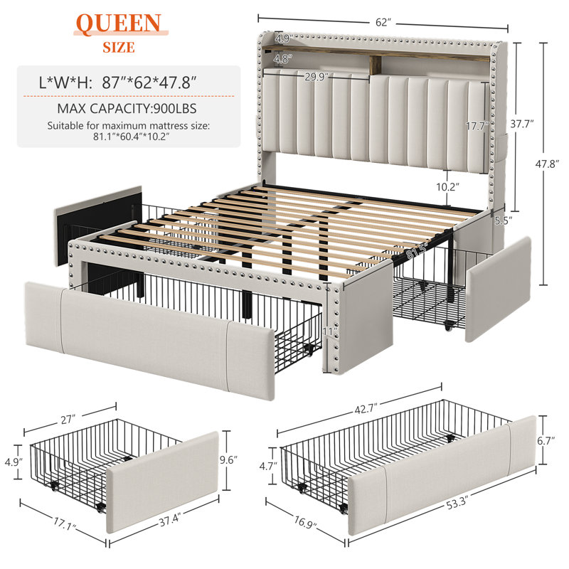 Upholstered Storage Bed Frame with 3 Drawers and 2-Tier Shelf Headboard,No-Noise, Beige, Queen