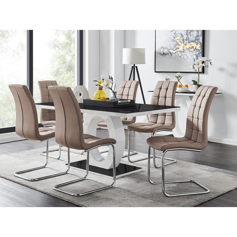 Scottsmoor Modern High Gloss Halo 6 Seater Dining Table Set with Luxury Faux Leather Dining Chairs, Cappuccino, Black