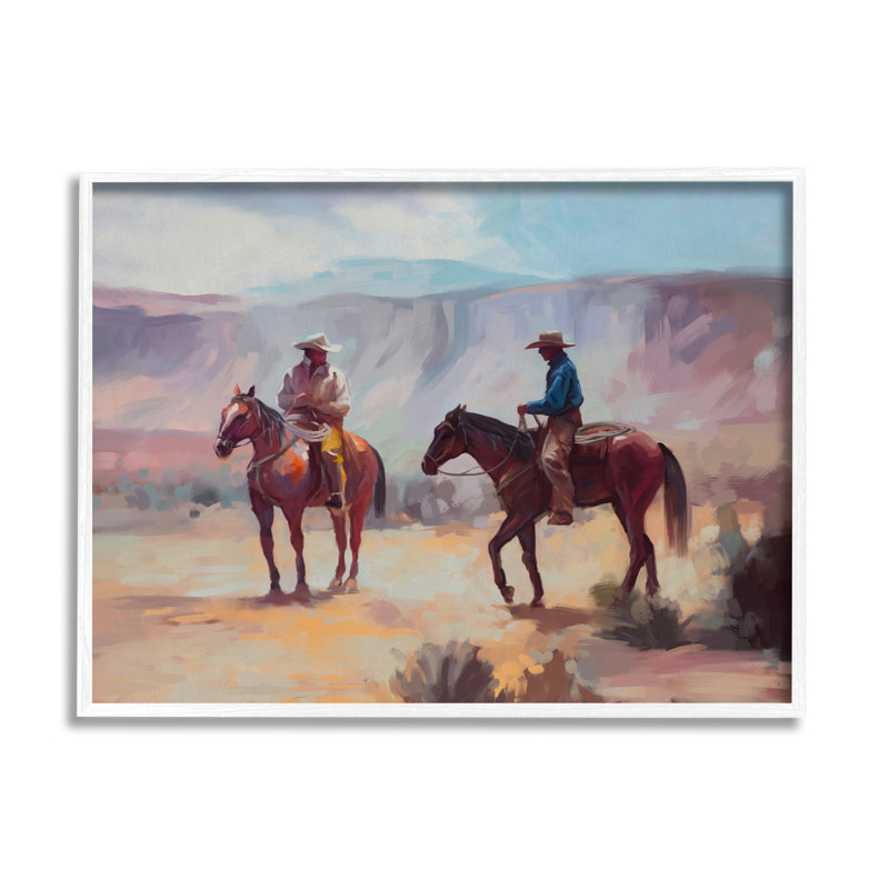 Desert Cowboys Horses Landscape Canvas Print in White Frame