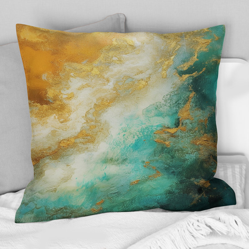 Coussin décoratif "Morning Bliss" or et bleu sarcelle