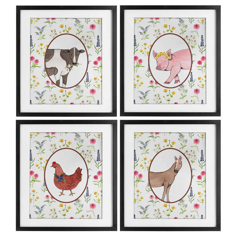 Ensemble de 4 reproductions sous-marines Farm Friends, H 16 po x l 13 po, Cadre noir minuit