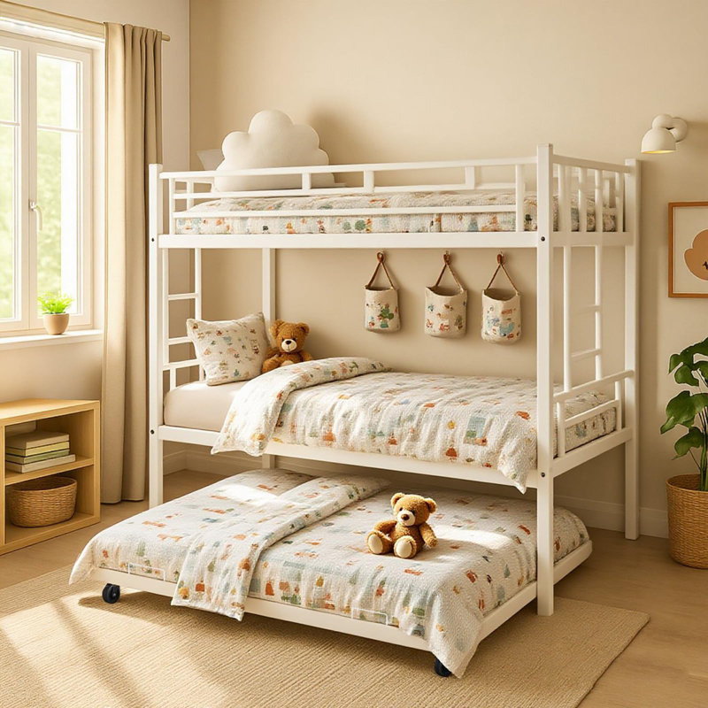 Twin Over Twin Triple Bunk Beds With Trundle, Metal Bunkbeds With Ladder And Full-length Guardrail, Noise Free, No Box Spring Needed