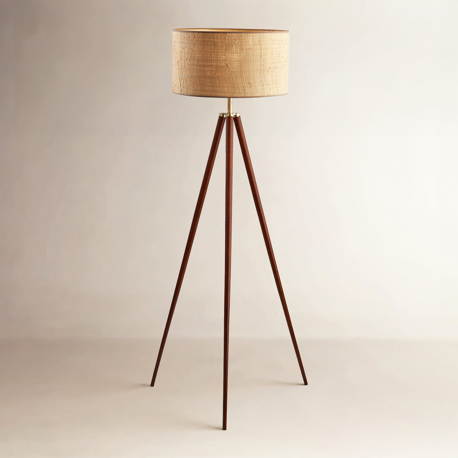 Kisa 60.5'' Dimmable Floor Lamp, Walnut Wood w. Antique Brass Accents, Woven Natural Rattan Shade w. Beige Trim