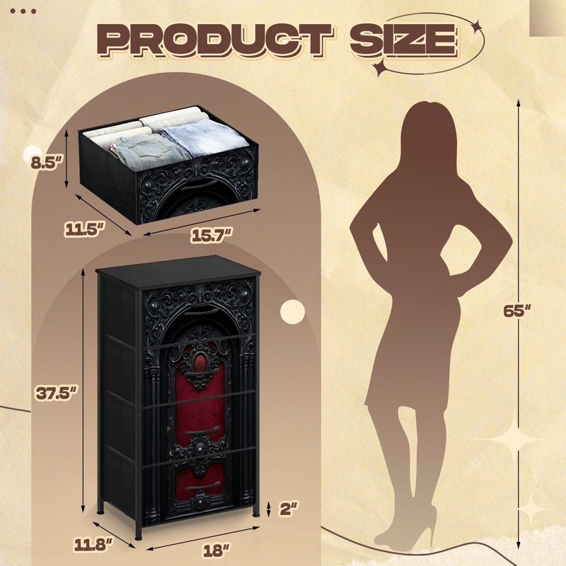 Commode gothique pour la chambre à coucher avec 4 tiroirs de rangement Orné de portes noires gothiques à panneaux rouges Commode commode en acier avec cadre pour vestibule