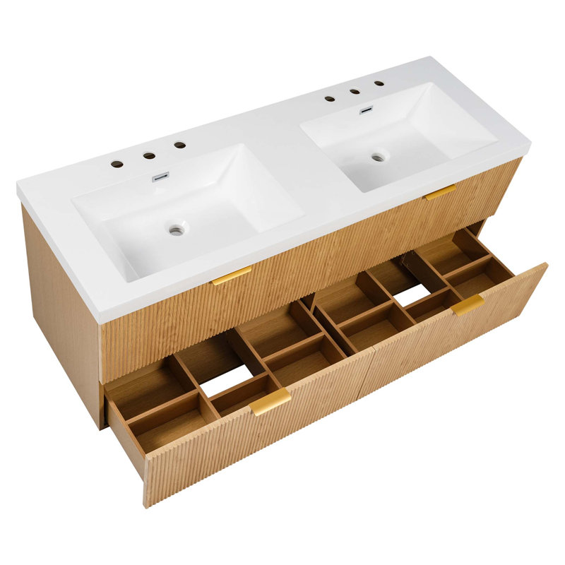 Meuble-lavabo double 59,3 po avec comptoir en SMC, armoire en panneau de fibres à densité moyenne peint, tiroirs à fermeture en douceur, solution de rangement murale moderne