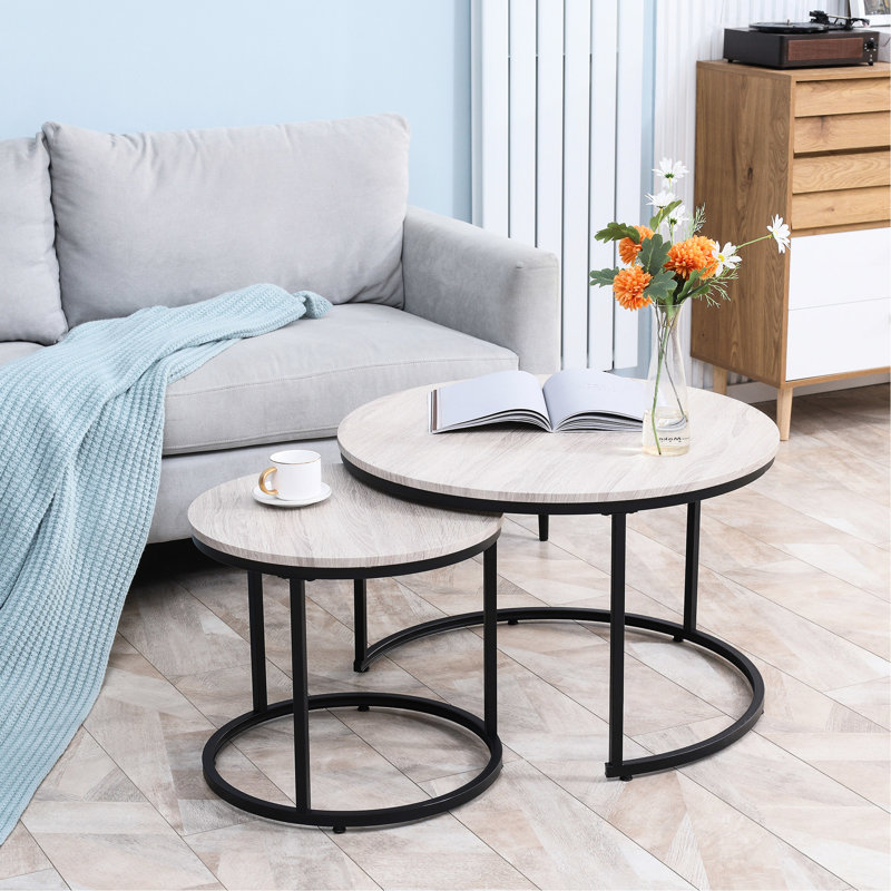 2 tables basses rondes gigognes, gris. Tables de salon à structure métallique. Charme industriel, extrémité polyvalente et côté peu encombrant et stable. Capacité de poids de 22 lb par table. 29,5 po x 19,25 po H 19,75 po 17,75 po