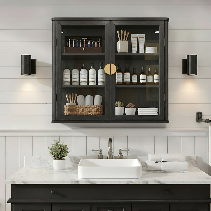 Tempered Glass Display Wall Storage Cabinet,Bathroom Wall Cabinet, Black/Gold
