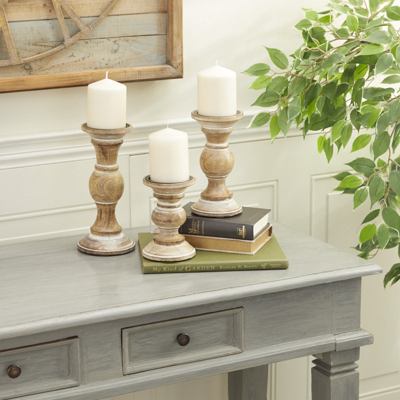 Mango Wood Turned Style Pillar Candle Holders (Set of 3), Light Brown