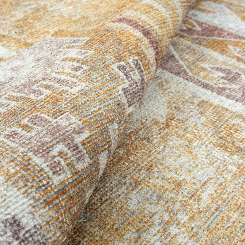 GLN Rugs Traditional Collection - Machine Washable Area Rug, Traditional Vintage Washable Rug, Non Slip Area Rug, Low Pile Chenille Living Room Rug, Bedroom Rug, Bathroom Rug (Yellow Rug)
