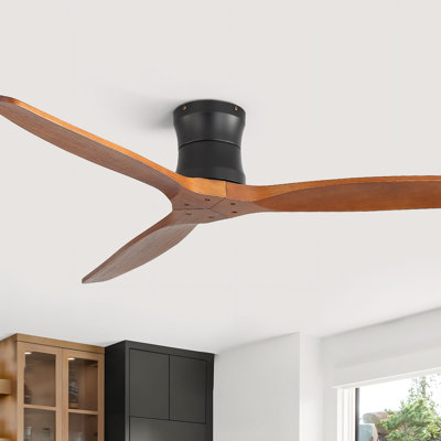 Rachel 52" Indoor 3 Solid Wood Blade DC Motor Low Profile Ceiling Fan No Light, Remote Control, Modern Black and Brown
