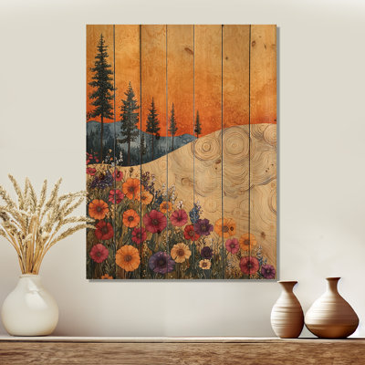 Orange Summer Wildflowers Flowers Field III - Wildflowers Wood Print - On Natural Pine Wood