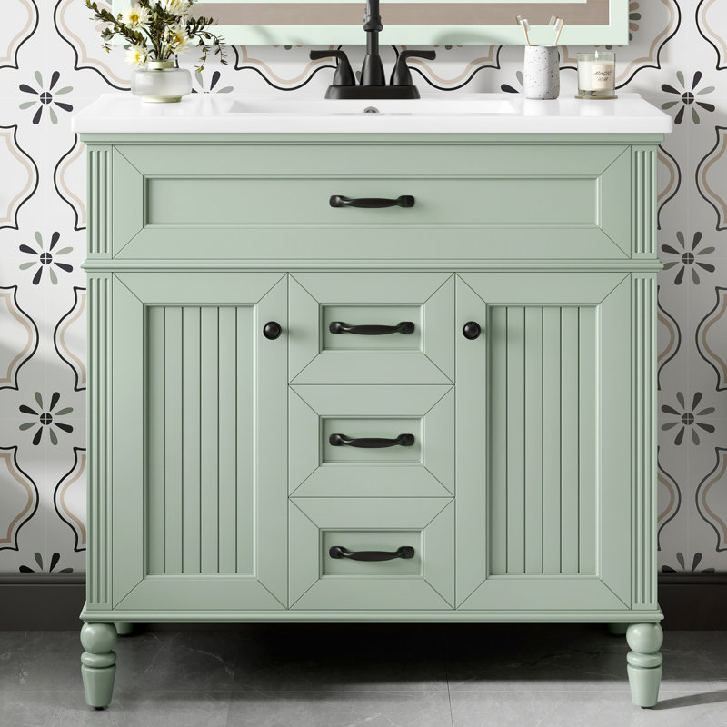 Meuble-lavabo 36 po avec lavabo, cadre en bois aggloméré durable et en bois massif, tiroir supérieur rabattable, portes à fermeture en douceur, 2 tiroirs de rangement, lavabo en céramique élégant, meubles-lavabos