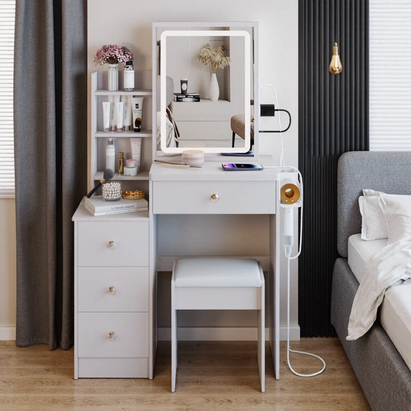 Ensemble de petite coiffeuse 29,2 "avec miroir DEL et centrale électrique | Conception d'armoire latérale, tabouret rembourré, 2 ports CA + 2 ports USB, support pour sèche-cheveux | Miroir coulissant à commande tactile tricolore | Blanc | Certifié EPA, GCC, UL