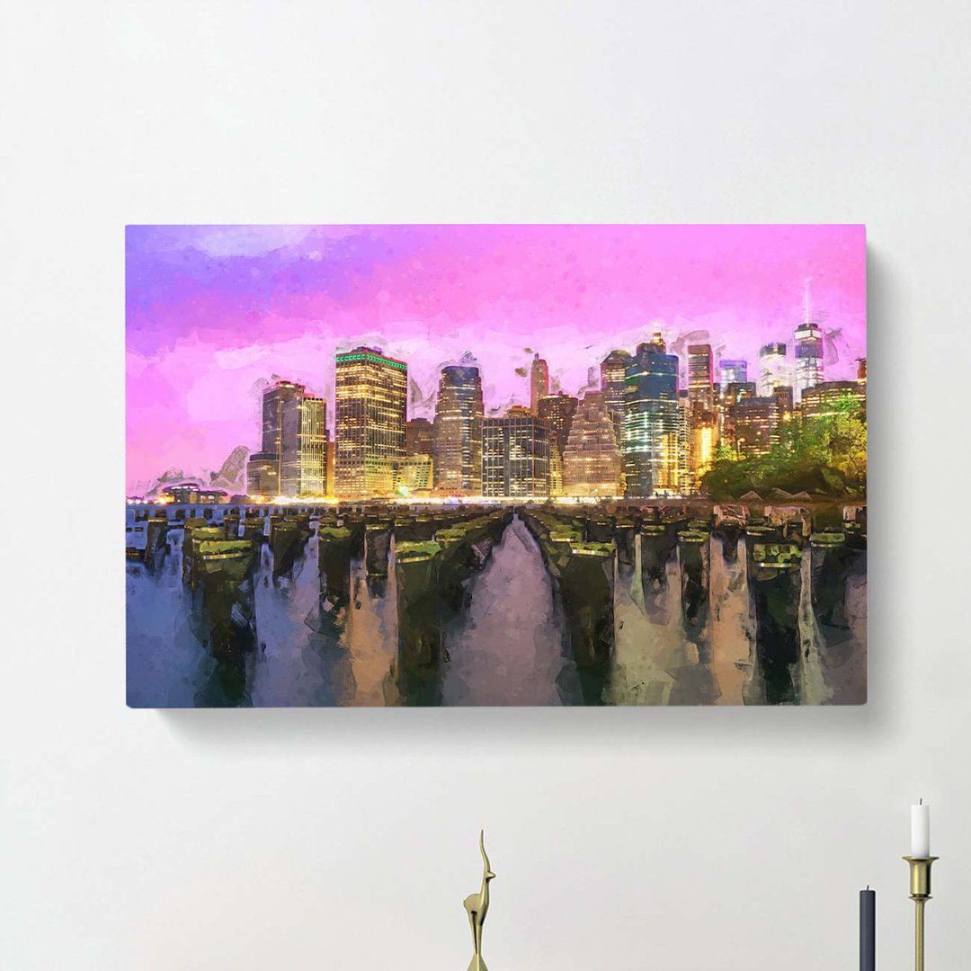 Manhattan From Brooklyn Bridge In Abstract - Wrapped Canvas