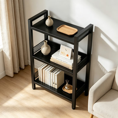 Bibliothèque à 3 niveaux avec panneau arrière pour le rangement et la présentation, style industriel moderne, idéale pour la chambre, le salon et le bureau, structure robuste en acier au carbone et étagères en bois.